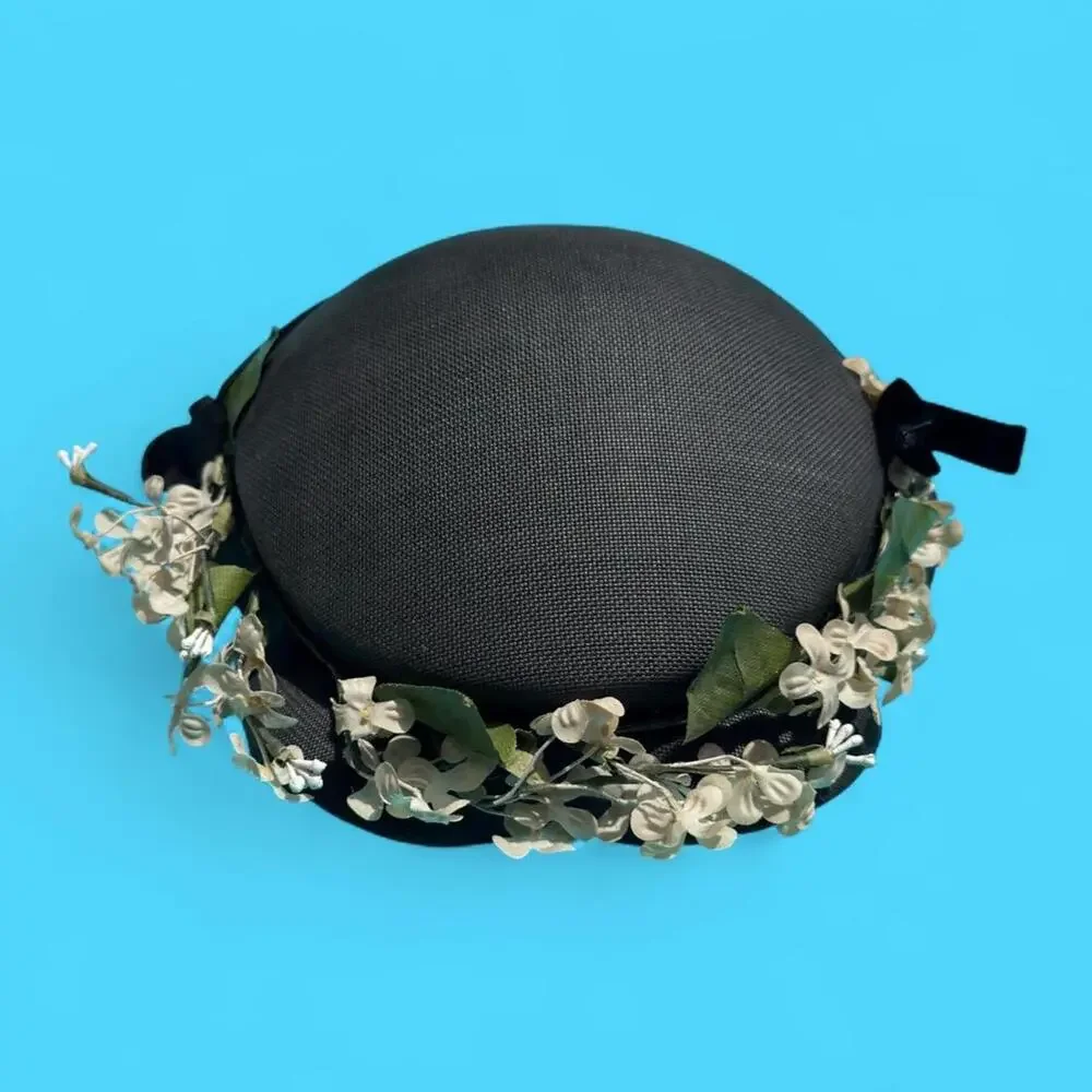40s garden party tilt hat wavy scallop brim blossom black velvet ribbon bow